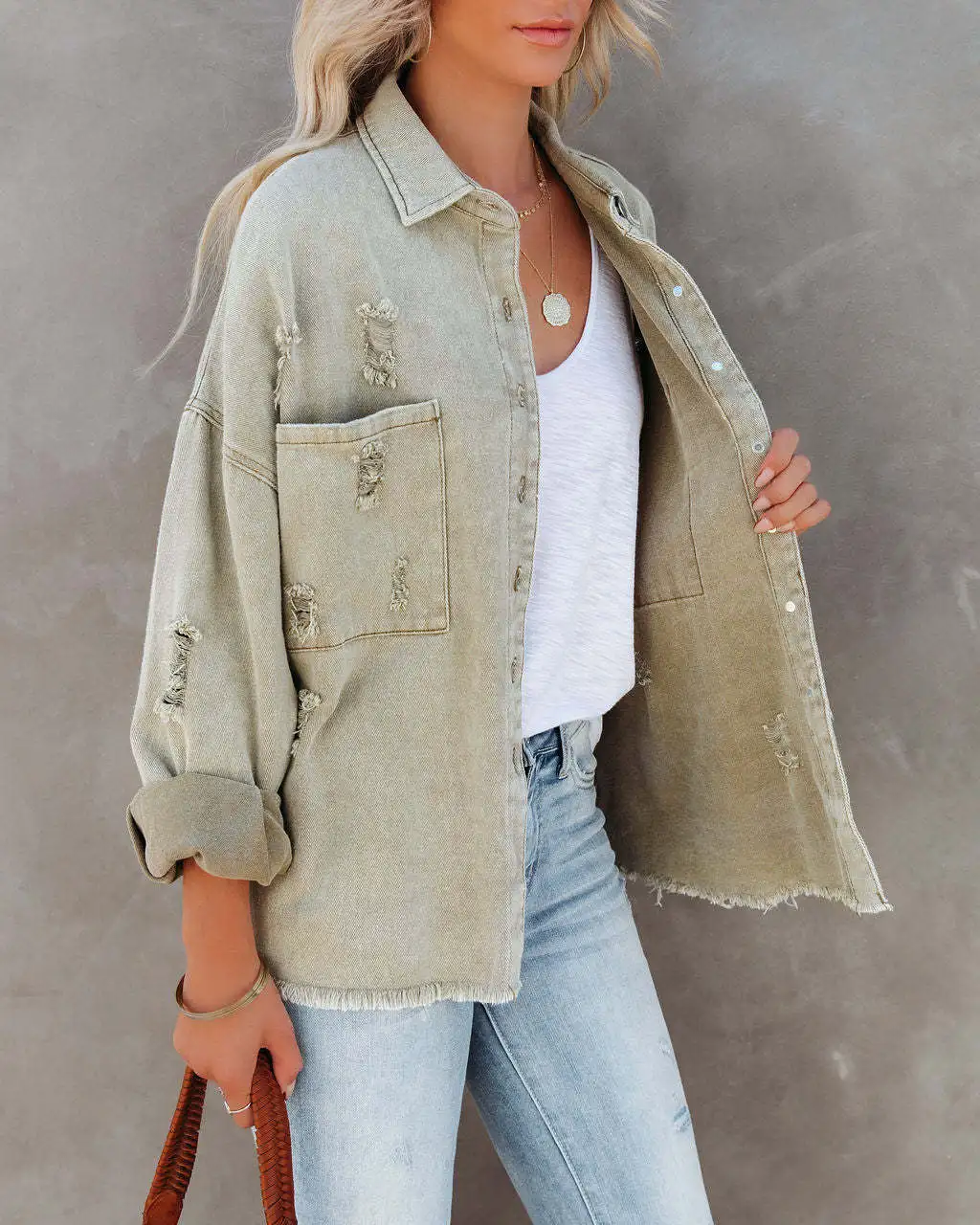 Women Fashion Ripped Denim Jacket Turn Down Collar Long Sleeve Tops Single Breasted Tassels Coat Loose Shirts & Blouses Outwear - view