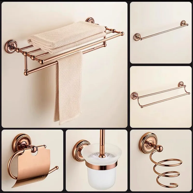 ชุดห้องน้ำสีโรสโกลด์สไตล์เรโทรสุดหรู: แปรงขัดห้องน้ำ, ที่วางแปรงสีฟัน, ห่วงแขวนผ้าเช็ดตัว, ที่ใส่กระดาษทิชชู่ และอุปกรณ์ในห้องน้ำ 1