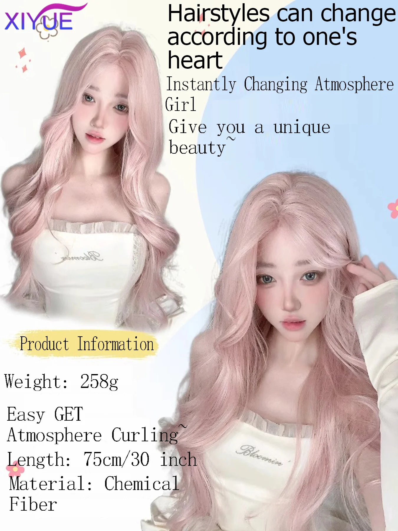 XIYUE Light Pink Synthetic Hair Wigs Long Wavy Natural Hair