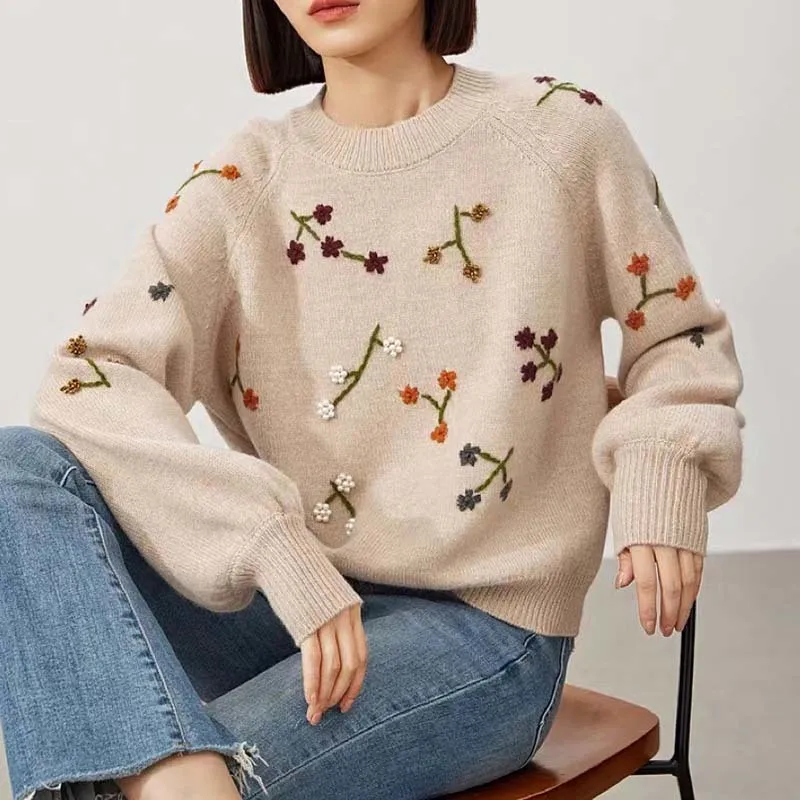 

Women 3 Colors 3D Embroidery Knitted Sweaters High Quality Runway New Round Neck Weave Flowers Pullovers Fashion Causal Clothes