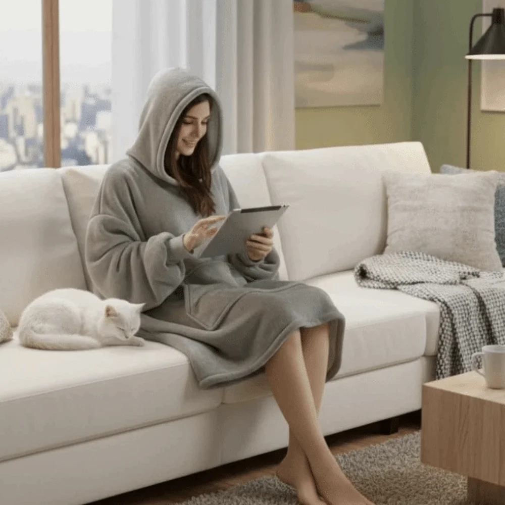 Solid Color Warm Flannel Robe Oversize Long Sleeve Couples Wearable Robe Comfortable with Pocket Sleepwear Robe Home Wear