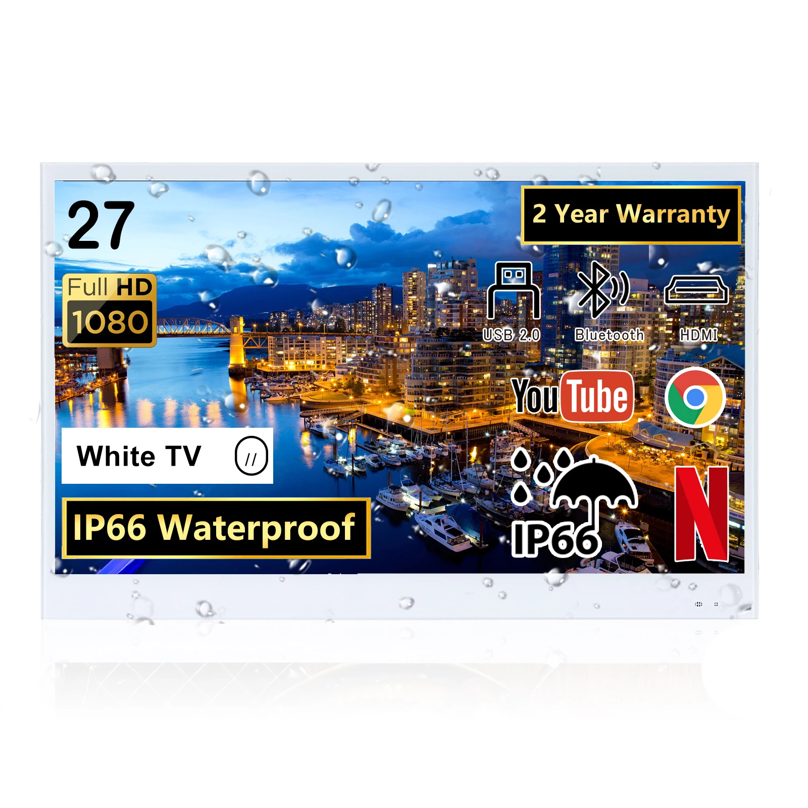 Soulaca 스마트 욕실 LED 화이트 패널 TV, IP66 방수, 12V 샤워 스파 텔레비전, ATSC 와이파이, 27 인치