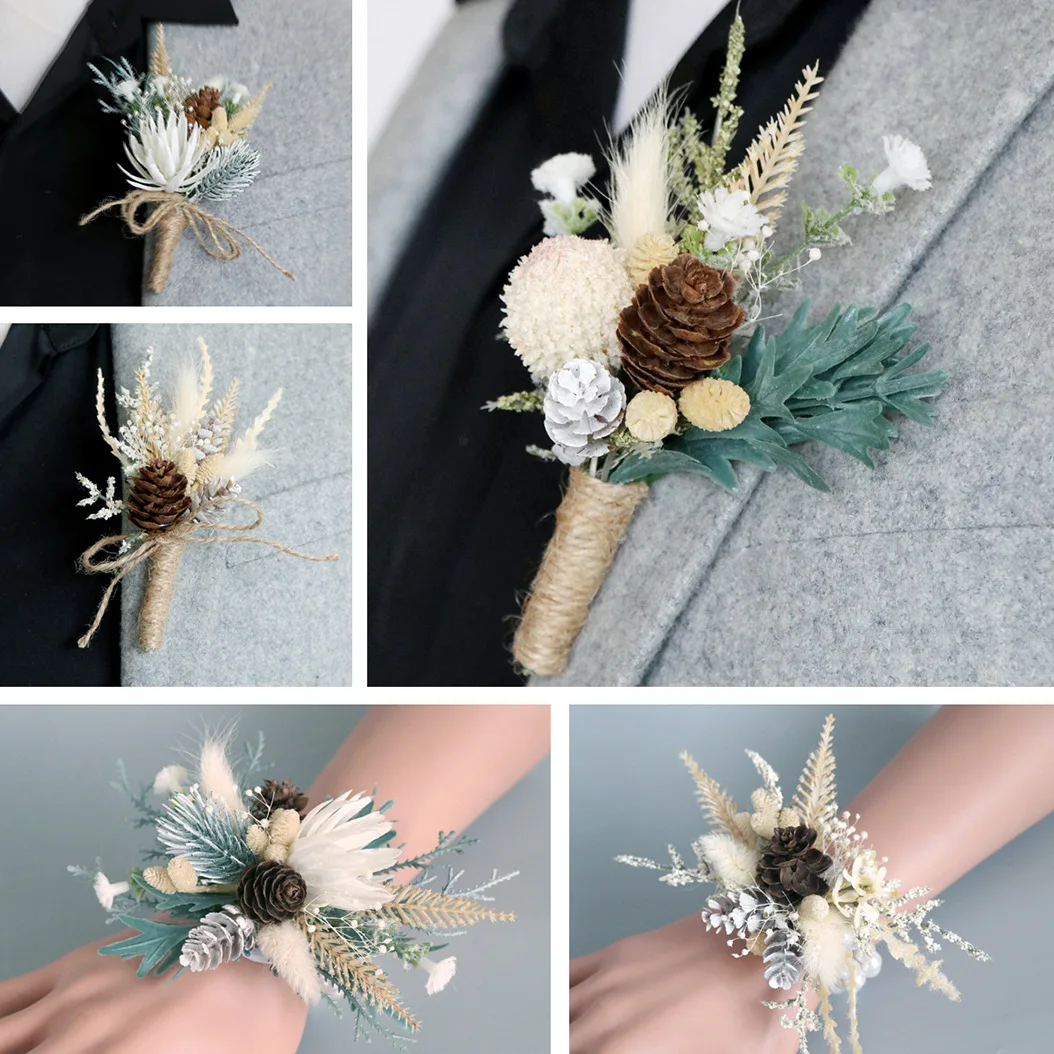 Boutonniere And Wrist Corsage Forest Dried Flowers Eternal Flowers Pineapple Wedding Bride Bride Banquet Sisters Best Friends