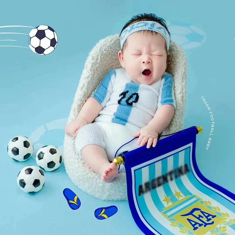축구 소년 사진 의상 니트 의류 + 머리띠 세트 스포츠 테마 소년 Photoshoot 축구 인형 액세서리