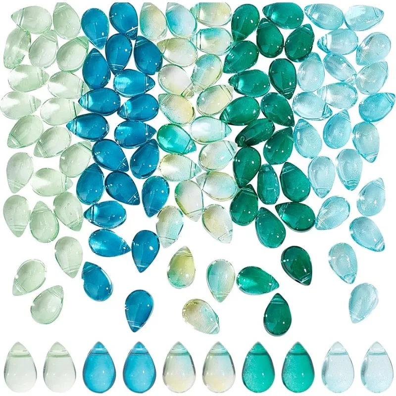 100 Pcs Teardrop Czech Glass Beads 5 Colors Transparent Crystal Beads with Glitter Gold Powder Water Drop Loose Pendants Beads