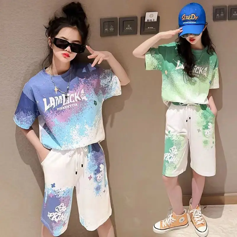 2 Pezzi Tie Dye Summer Big Kids Baby Tall Girls Clothes Top T-Shirt + Shorts Per 10 11 12 13 14 15 16 Anni 150Cm 160Cm Di Altezza