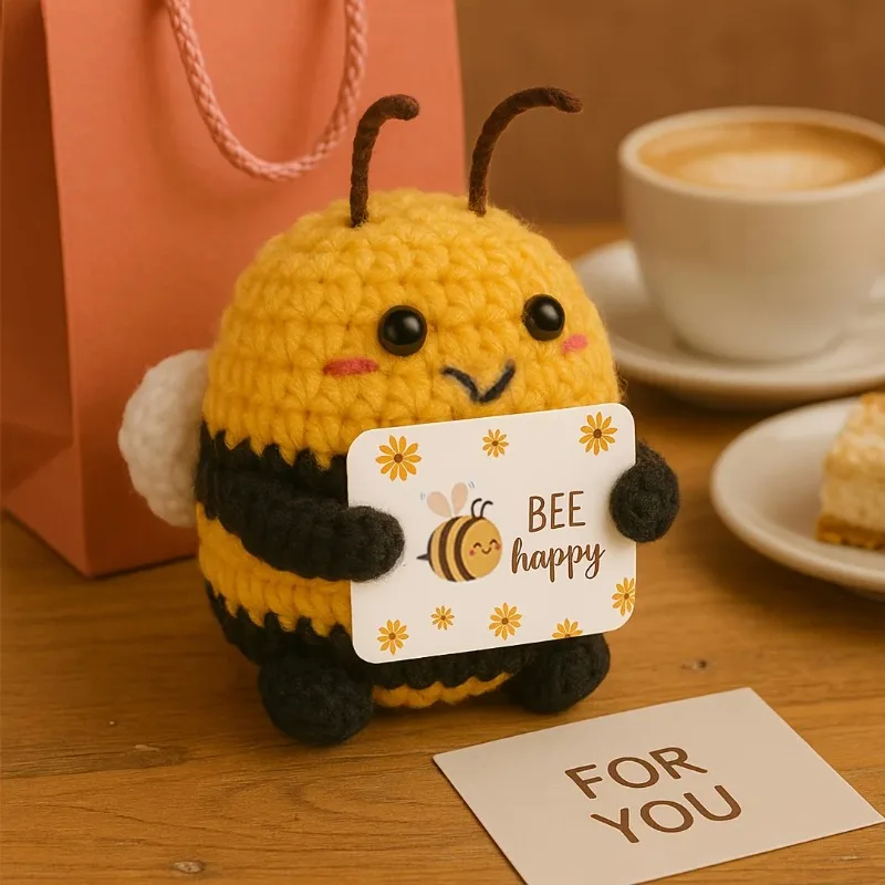 귀여운 꿀벌 뜨개질 인형 BEE Happy 카드 포함 수제 니트 봉제인형 친구와 가족을 위한 선물