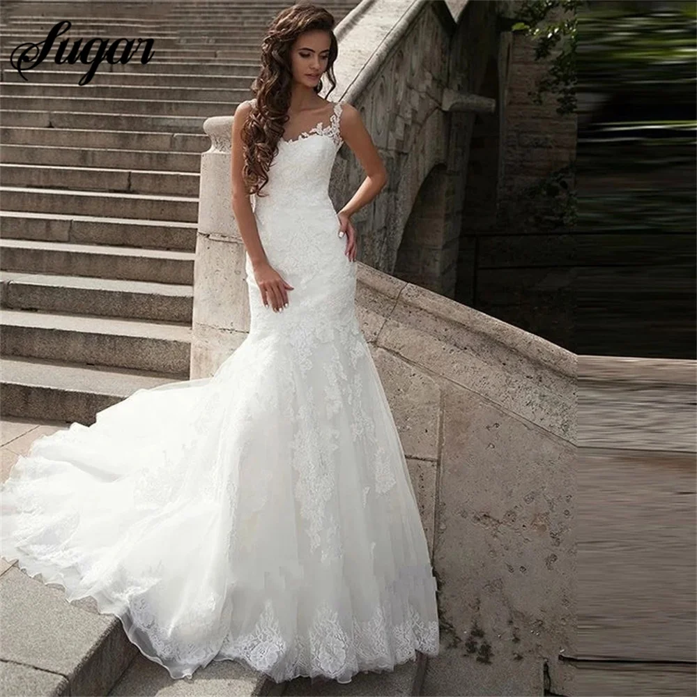 

Vintage Square Collar Mermaid Wedding Dress For Women Lace Appliques Court Train Bridal Gowns Illusion Backless Robe De Mariée