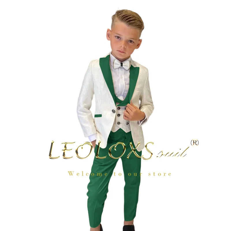 Boys' Floral Jacquard Wedding Tuxedo 3 Piece Set Double Breasted Vest Blazer and Trousers Children's Suit Set boys formal suit set