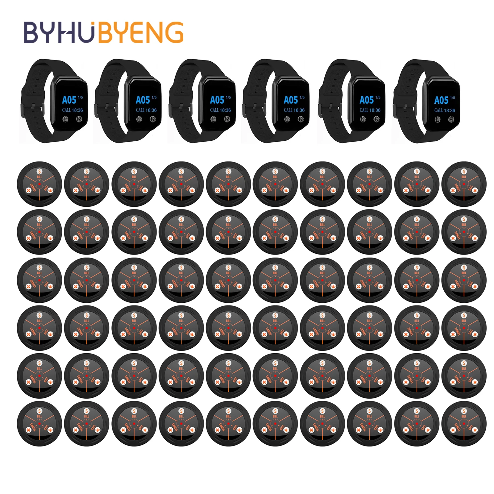 BYHUBYENG Wireless Calling Button Restaurant Waiter Pager System 60 Call Button + 6 Watch Receiver for Bar Cafe Food Truck