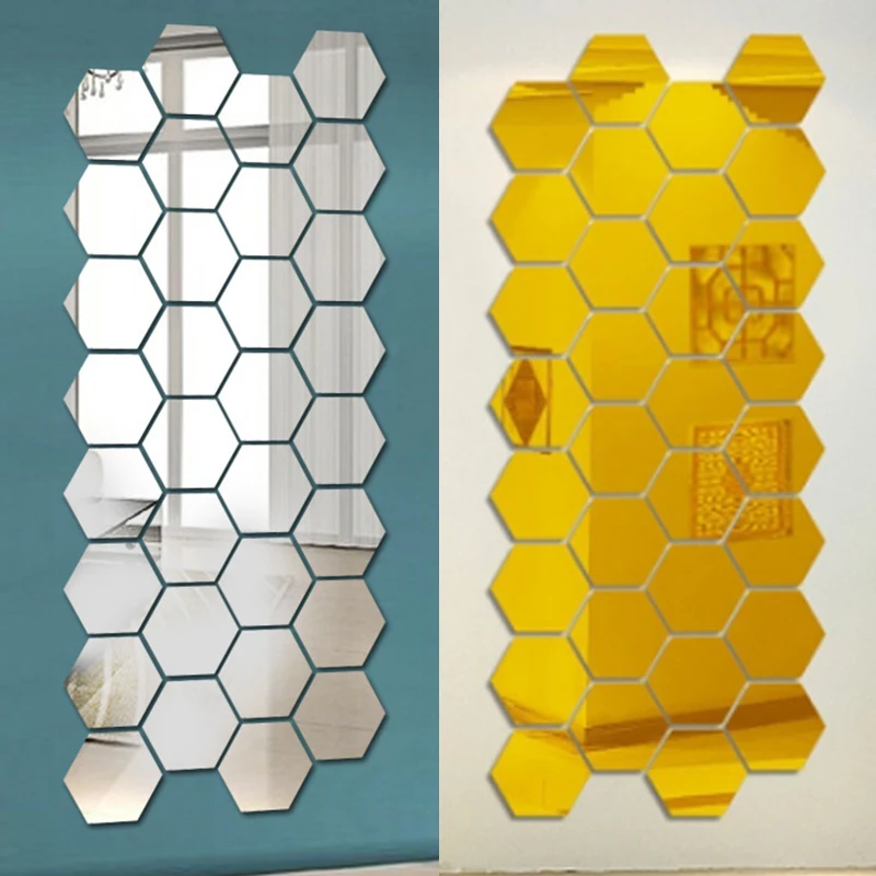 3D Stickers 3D Wall Stickers 3D Mirror Wall Stickers Acrylic Self Adhesive Hexagon Mirror Sticker Mosaic Art Wall Decals Tiles DIY Bedroom Living Room Decor
