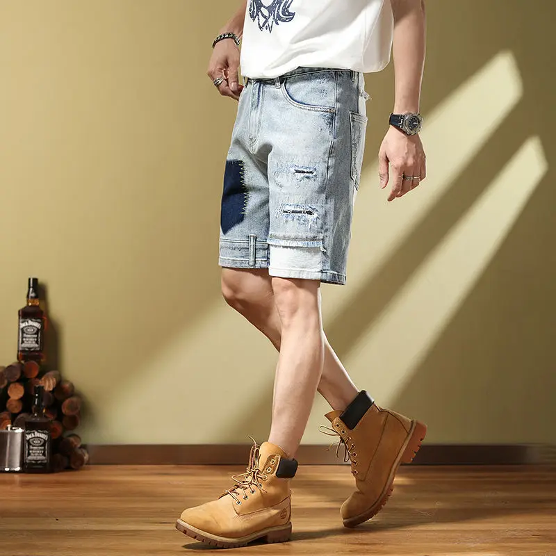 New Spring/Summer High Quality  Retro Men's Denim Split Middle Pants Patch Embroidery knee length jeans shorts cargo pants men