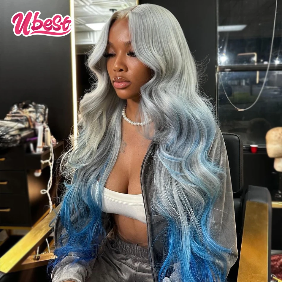 Silver Gray Blue Mint Green Colored 100％ Human Hair Body Wave 13X6 Transparent Lace Front Wigs Human Hair for Women 200Density