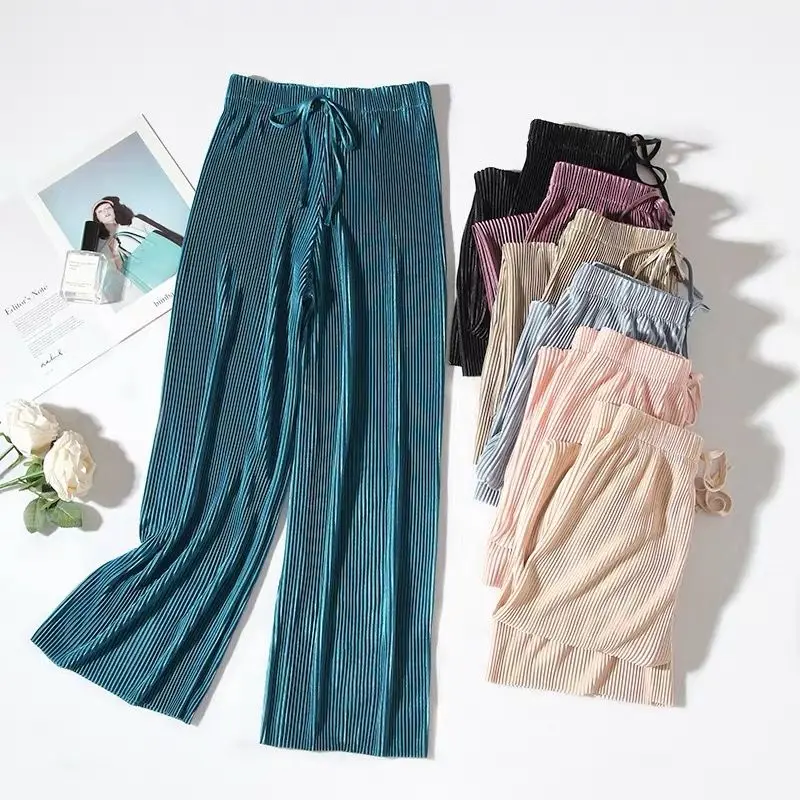 

Fashion Chiffon Women Trousers Summer Wide Leg Pants Casual High Waist Long Trousers Female Pleated Solid Color Pants Streetwear