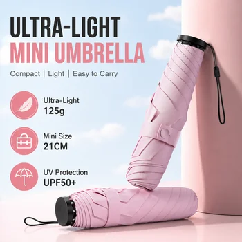 Ombrello Ultraleggero 125G con Protezione UV, Mini Ombrello da Viaggio Pieghevole Portatile per Uso Quotidiano Femminile