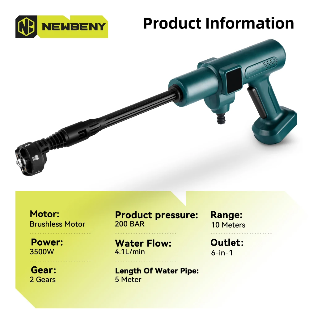 NEWBENY 200Bar Brushless High Pressure Car Washer Gun 6 IN 1 Electric Garden Washing Water Wash Spray Gun for Makita 18V Battery 6