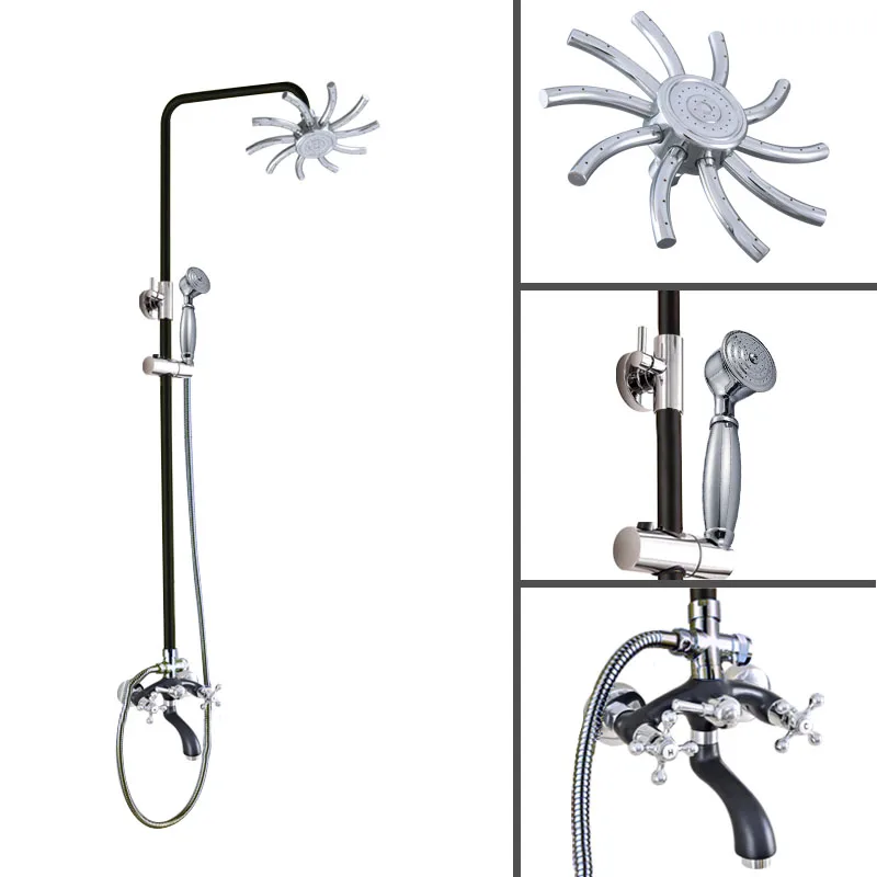 

Смеситель для ванной Lhg705, латунный кран с дождевой насадкой, две ручки, настенный монтаж, ручной душ, черный и хромированный