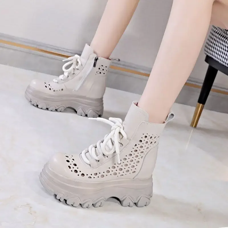 

8cm Natural Cow Genuine Leather Women Ankle Mid Calf Booties High Top Hollow Boots Breathable Platform Wedge Summer Shoes