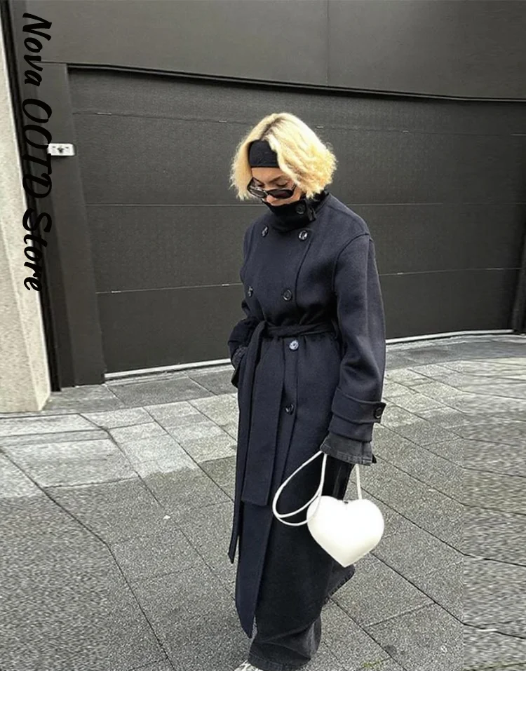 أنيقة الصلبة حزام طويل معطف الصوف المرأة واحدة الص...