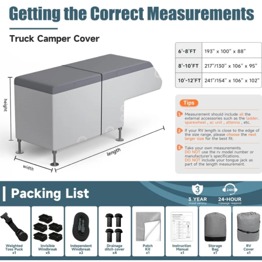 Umbrauto Truck Camper Cover 7-Layer Anti-Tear Top Slide-in Campers, Motorhome RVs All Season Protection with Gutter