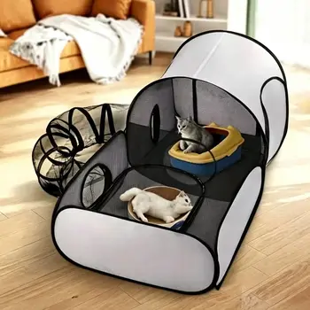 Foldable Cat Tent with Tunnel, Breathable Polyester Cat Cage Indoor Outdoor Playpen for Cats & Small Dogs 1