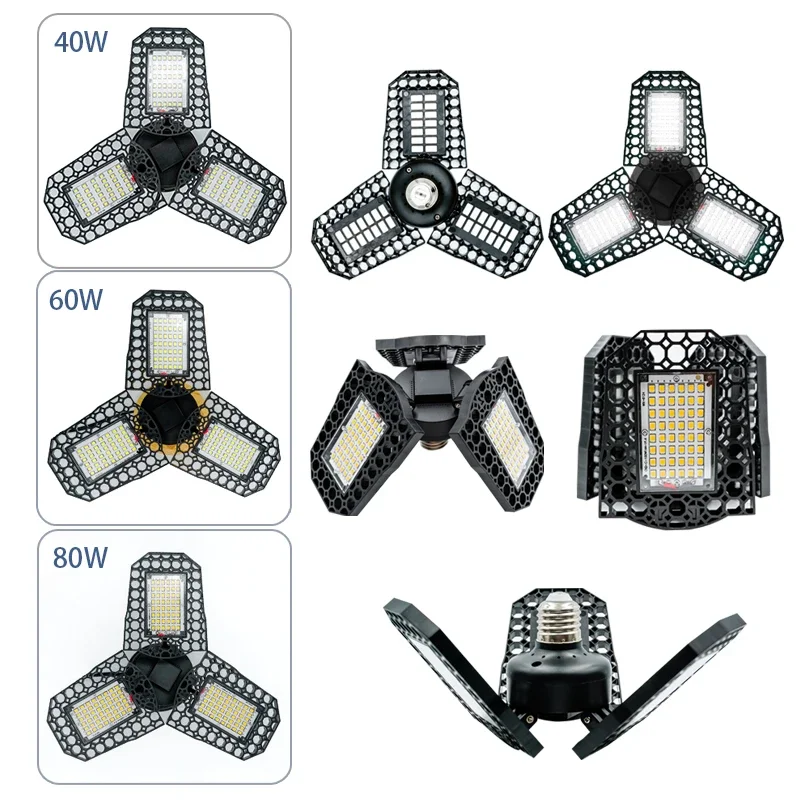 E27 LED Garage Light 40W 60W 80W High Power Deformable Celling Lamp 110V 220V High Bay for Parking Lot Warehouse Factory Garage