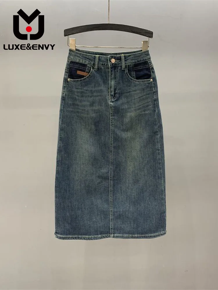 

LUXE&ENVY 2023 New Contrast Pocket High Waist Denim Skirt Women's Slim Split Mid Length Hip Skirt