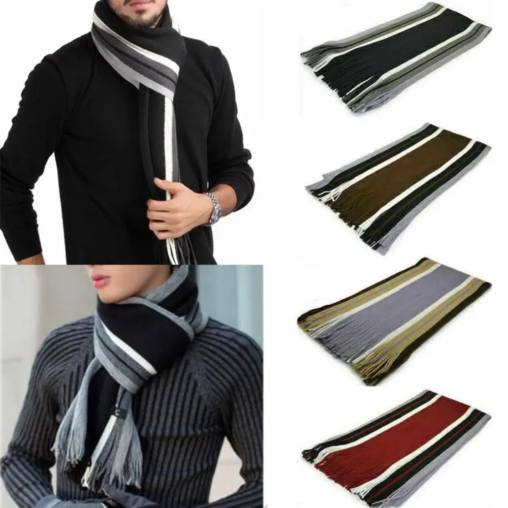 Fashion Cashmere Men Striped Scarf Casual Thicken Winter Long Shawl Neck Warm Tassel Stole Soft Neck Wrap Nice Gift