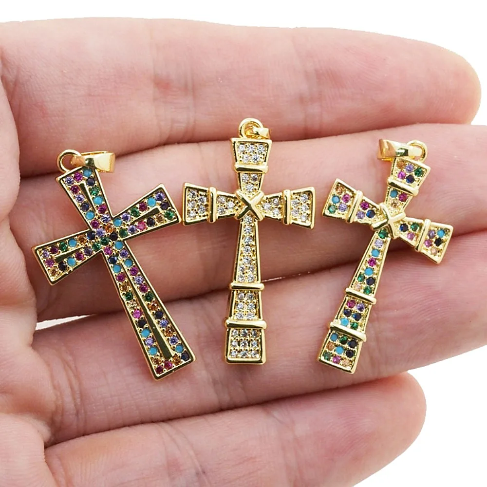 

Fashion Catholic Jesus Cross Charm Pendant Gold Plated Colorful Zircon DIY Making Necklace Amulet Jewelry Accessories