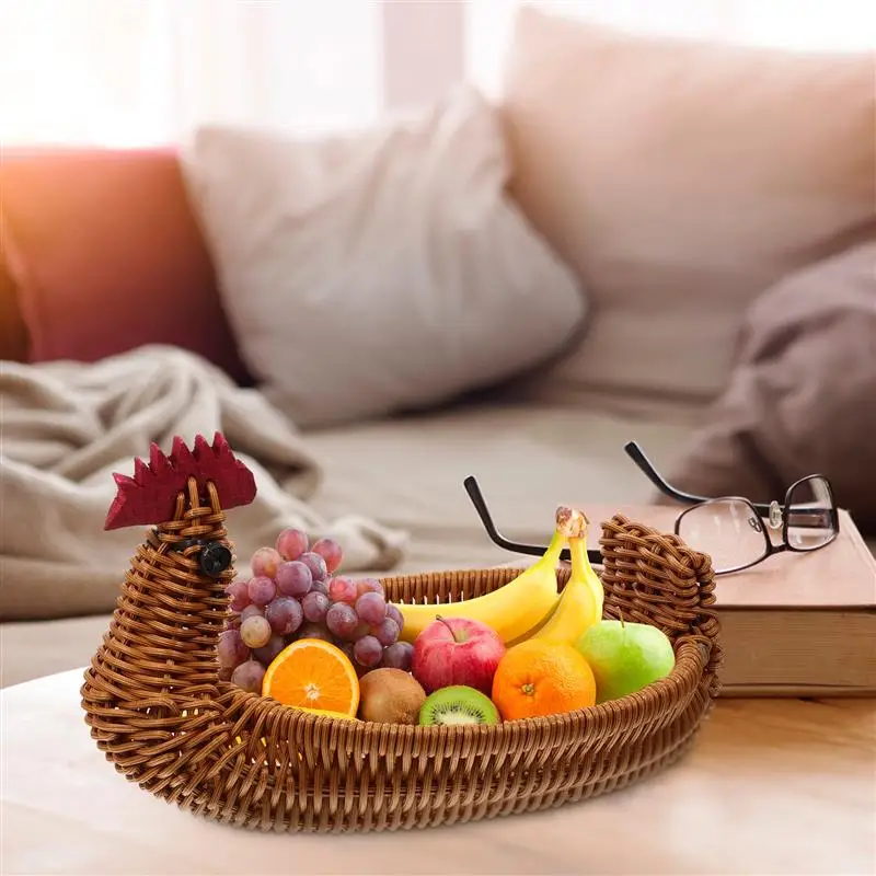 Rattan Woven Fruit Basket Cute Chicken Shaped Fruit Bread Basket Snack Tray Food Serving Basket Easter Egg Hunting Game 3