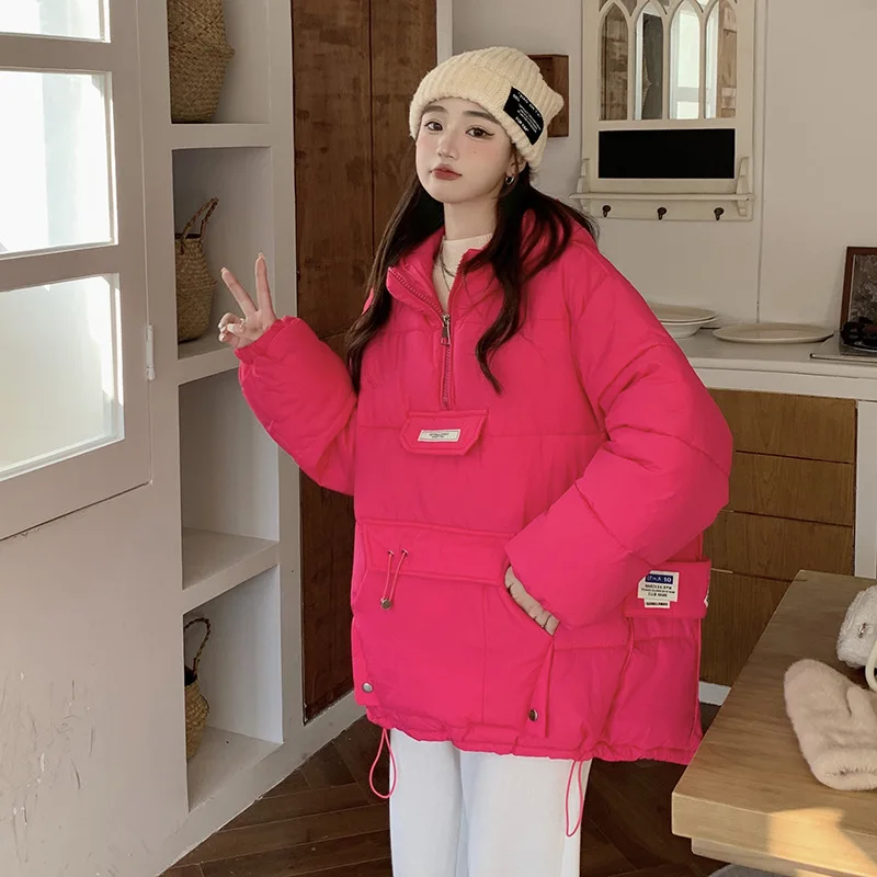 

Cotton-paddedwomen's shorthoodedKorean versionof thickwarm breadclothingtemperament solid color cotton-padded jacket tide.