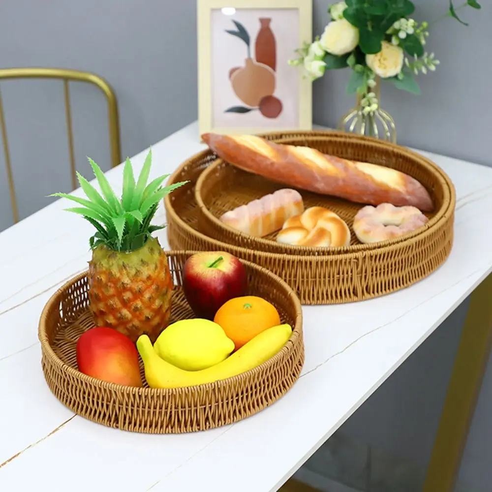 Food Plate Handwoven Plastic Rattan Storage Tray Round Shape Fruit Vegetable Cake Imitation Wicker Rattan Threads Basket