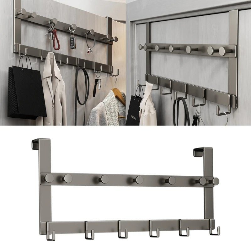 Over the Door Hook Space Aluminum Door Hanger with 13 Coat Hooks for Hanging Towel Bag Key Heavy Duty Bathroom Organizer