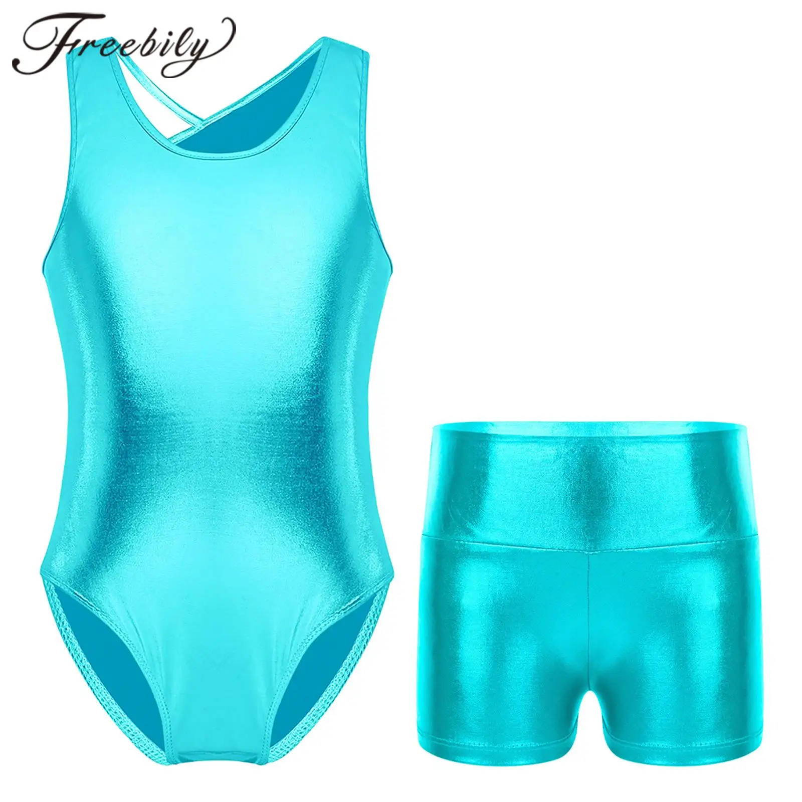 

Kids Girls Sleeveless Gymnastics Leotard Jumpsuit with Shorts Ballet Dance Outfits Children Shiny Metallic Skating Bodysuits