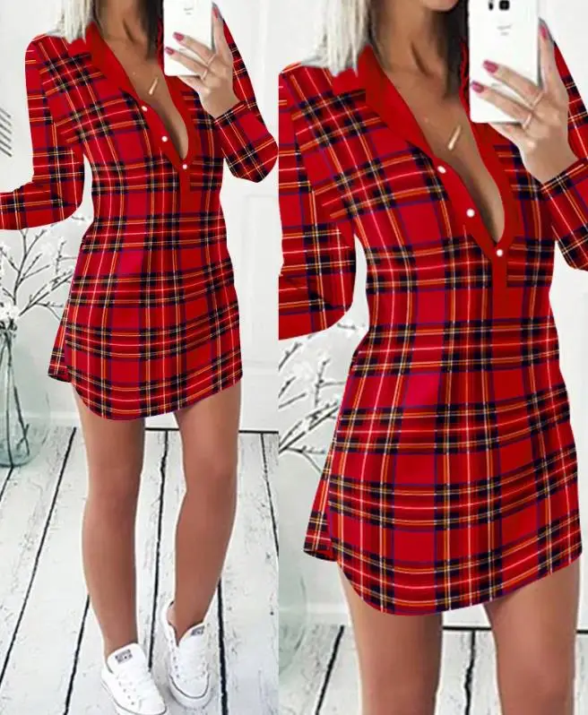 

Spring/summer 2023 New Hot Selling Fashion Women's Checker Print Shoulder Clash Shirt Button Long Sleeve Dress