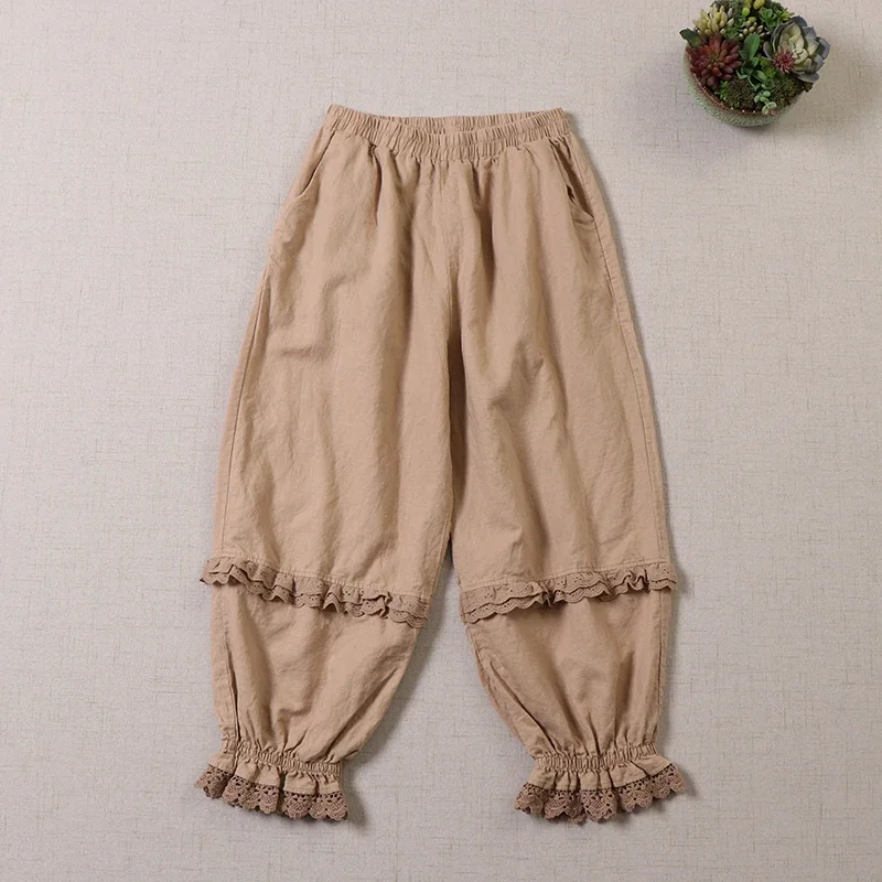 100% Cotton Linen Female Vintage Victorian Loose Bloomers Pants Prairie Old Time Retro Mori Girl Ruffled Lace Lolita Pantaloons