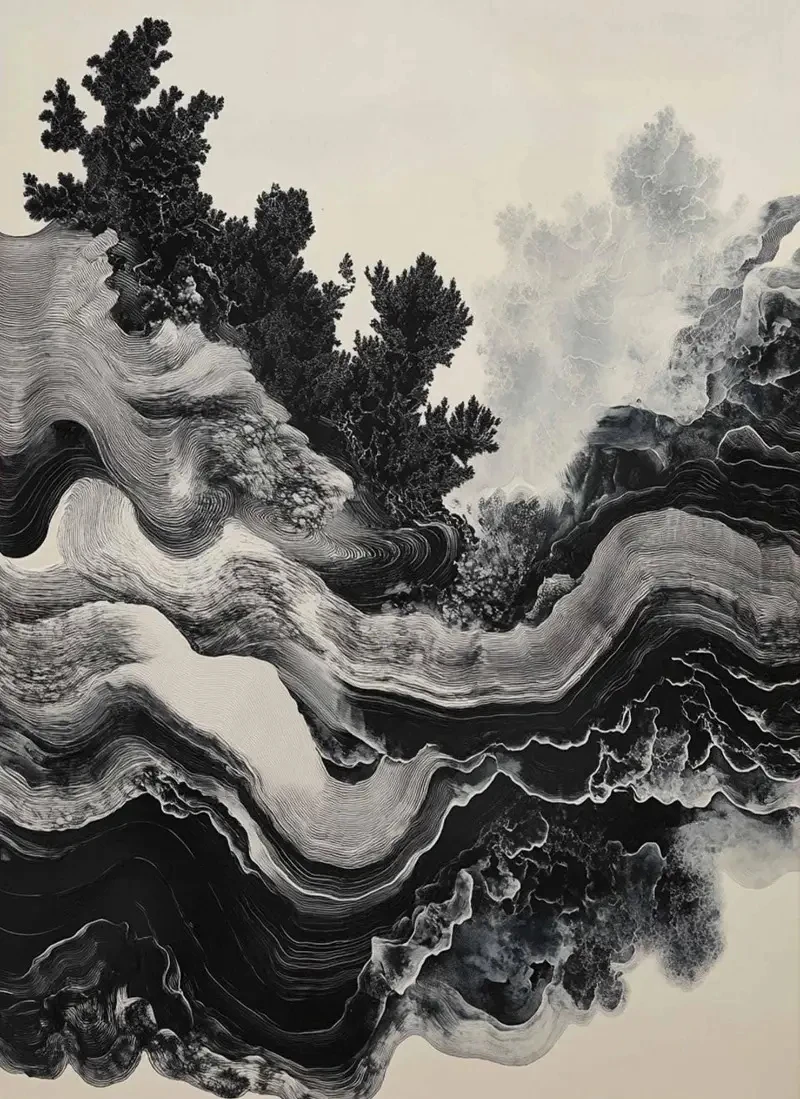 Monochrome Flowing Lines Ink Landscape Minimalist Canvas Art