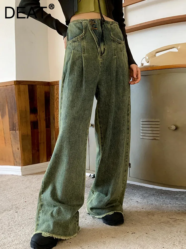 

DEAT Fashion Women's Cotton Jeans High Waist Folds Pockets Light Flare Tassel Full Length Wide Leg Pant Autumn 2023 New 7AB1975