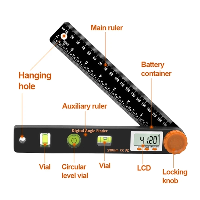 Digital Display Ruler 4-in-1 Folding-Metal Stationery Ruler General-Tool Protractor-Inclinometer for Building Decoration 4
