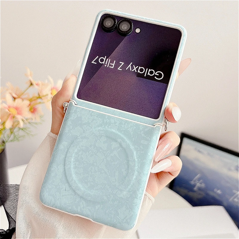 Luxury Shell Leather Magnetic Case with Chain for Flip Phones - Hinge Shockproof Cover
