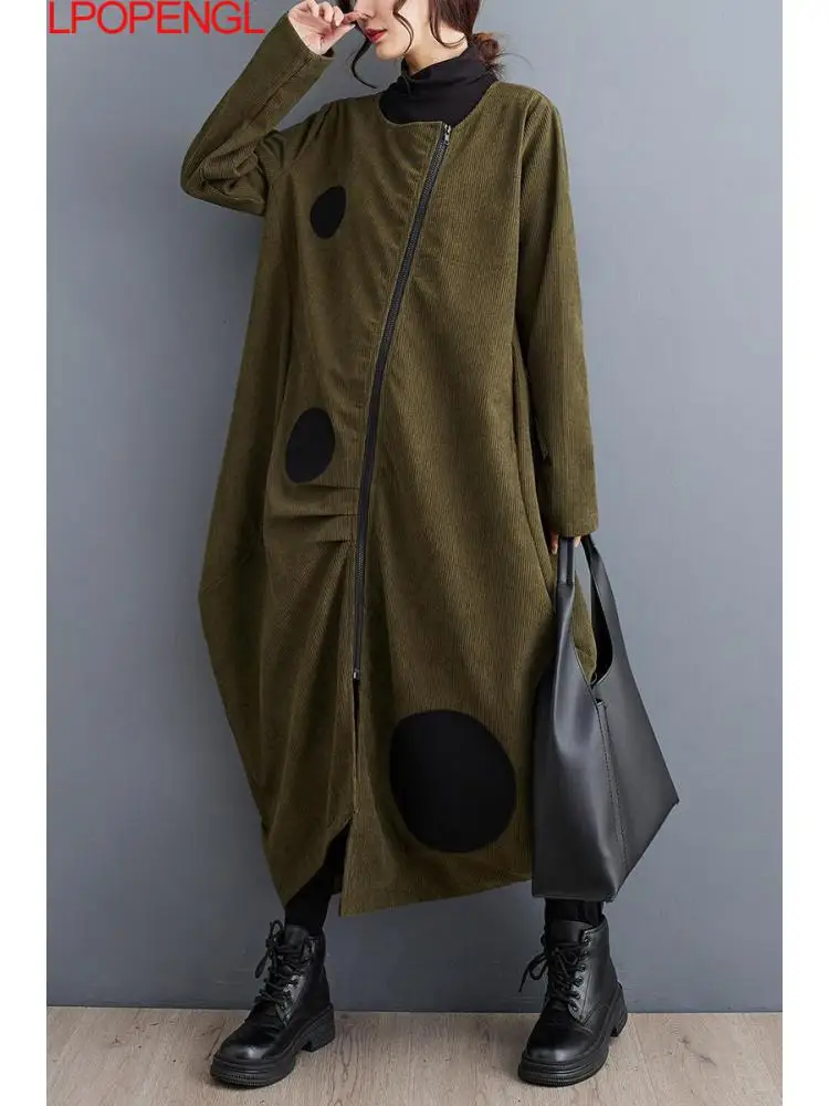 

New Autumn And Winter Zippered Loose Cardigan Asymmetric O-neck Trench Woman Patchwork Long-sleeved Streetwear Solid Color Coat