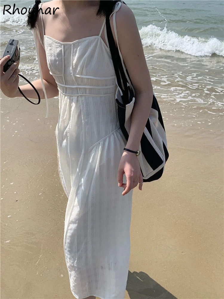 

Sleeveless Dress Women Solid High Waist A-line Simple Elegant Classic All-match Street Wear Retro Casual Chic Ins College Young