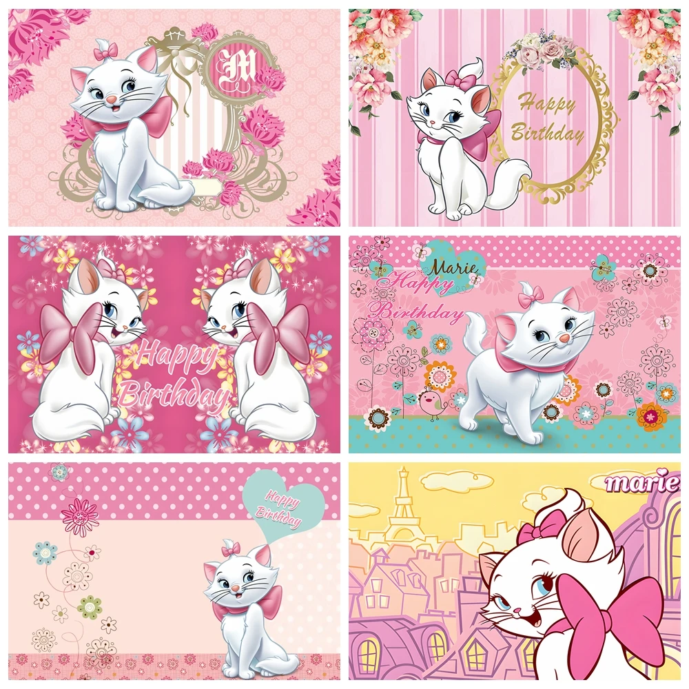 

Cute Cat Marie Flowers Pink Girl Party Backdrop Custom Child Birthday Table Decoration Photography Photo Background Vinyl Banner