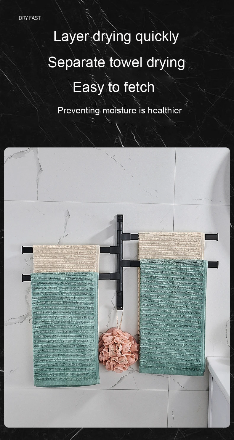 Description Picture 4 of itemKNOKLOCK Aluminum alloy 4-bar towel rack rotates 180 degrees Bathroom shelf moisture-proof rust-proof nail-free installation