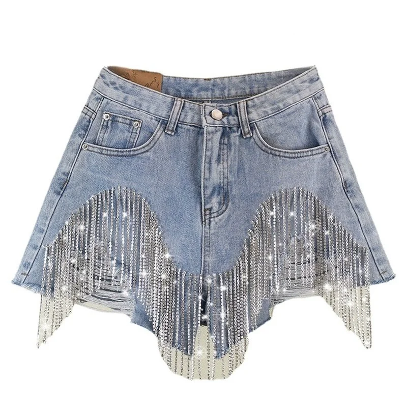 

Denim Shorts Summer Women Clothing Ripped Jeans Femme High Waist Fashion Diamond Tassel Y2k Casual Bottoms for Ladies Mokijins