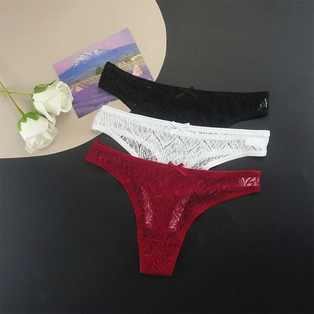 3pcs Pink Lace Thongs Underwear Women Sexy Perspective G-strings Jacquard Mesh Transparent Underwear ON SALES