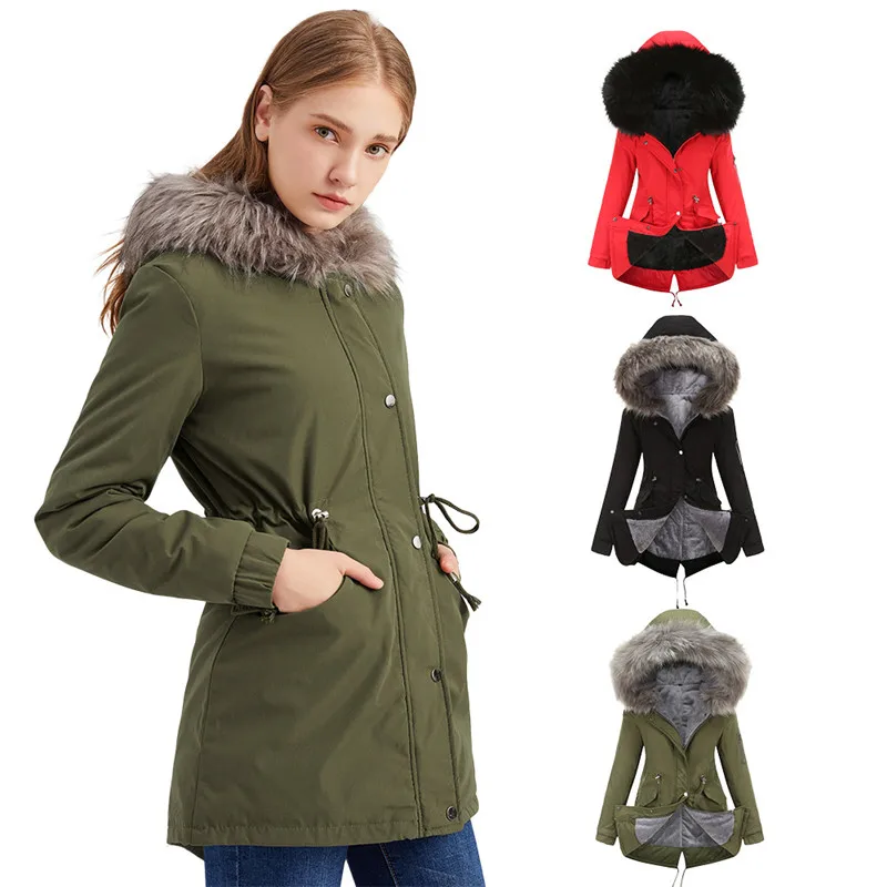 

2023 Winter Parkas Women Add Fluff Liner Cotton Jacket Coat Hooded Outerwear Fleece Warm Fur Collar Winter Coats Female Overcoat