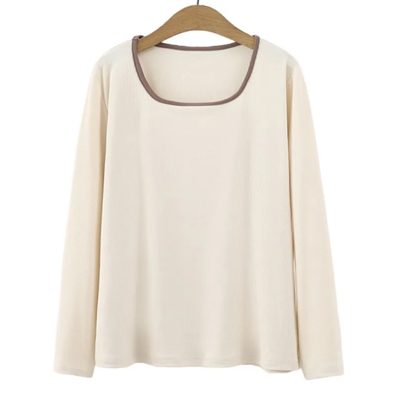 

2023 Autumn Women Clothes Plus Size T-Shirt Casual Long Sleeve Tee Curve Block Color Square Collar Tops A22 3053