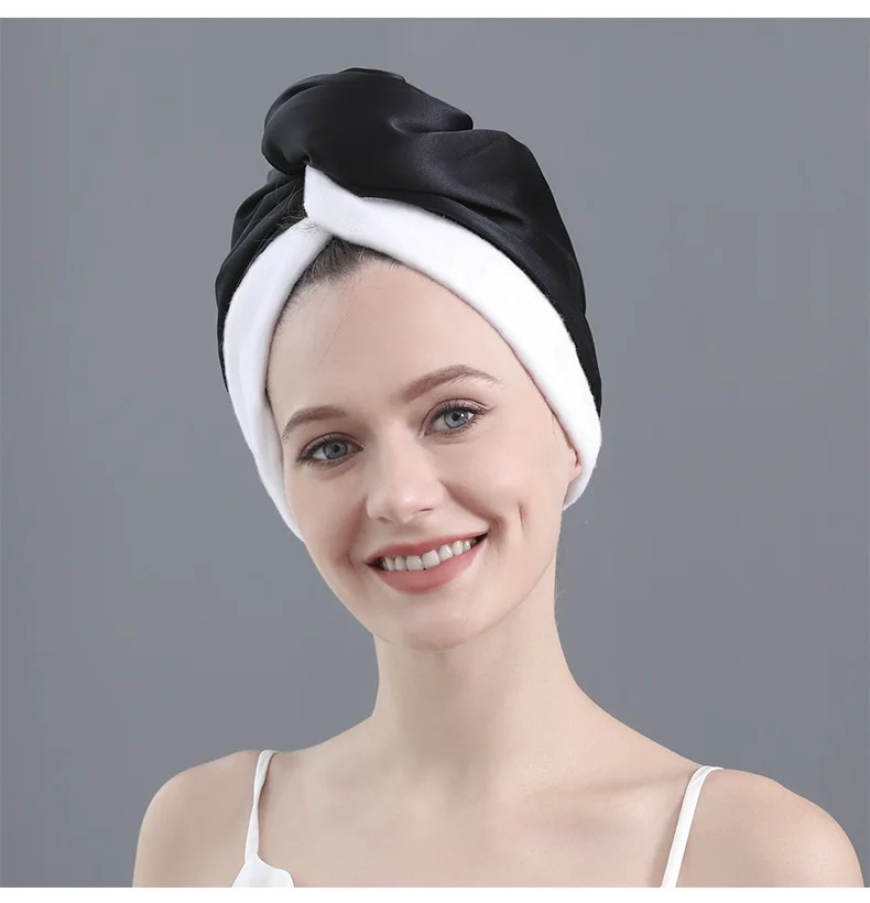 Silk exterior hair towel wrap for gentle drying