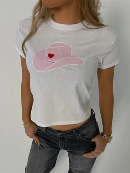 Women's Summer Tops Fashion Graphic Short Sleeve Crew Neck Fitted T-Shirts Streetwear 2